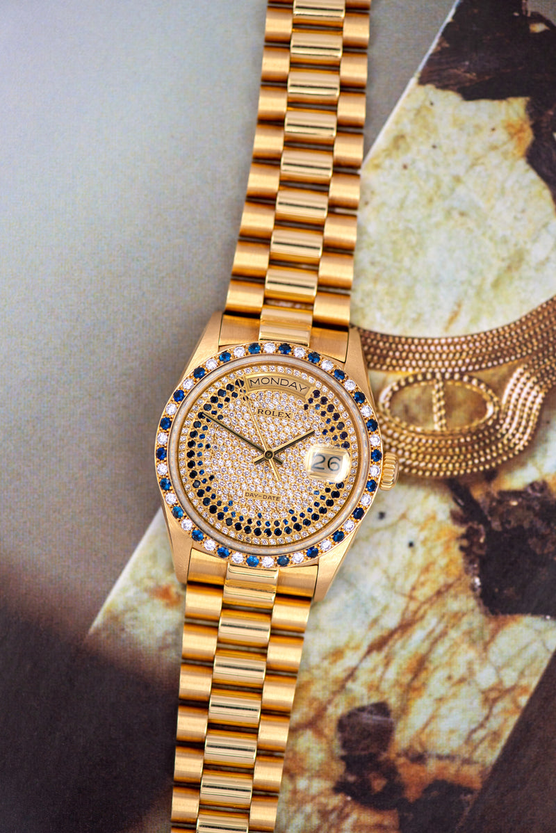 1986 Rolex Oyster Perpetual Day-Date Pavé diamonds and sapphire strings dial 18148