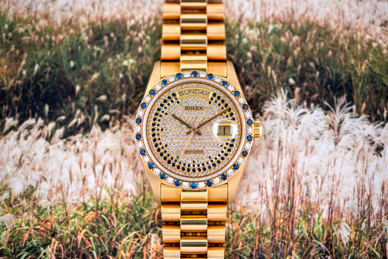 1986 Rolex Oyster Perpetual Day-Date Pavé diamonds and sapphire strings dial 18148