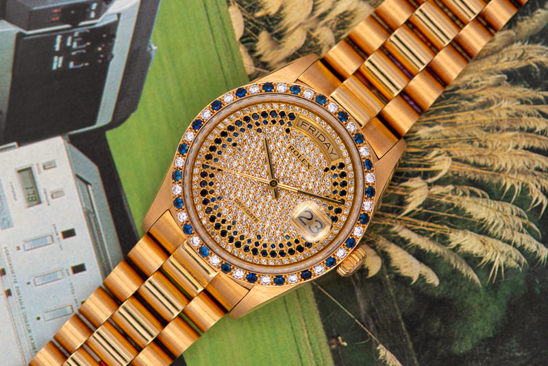 1986 Rolex Oyster Perpetual Day-Date Pavé diamonds and sapphire strings 18148
